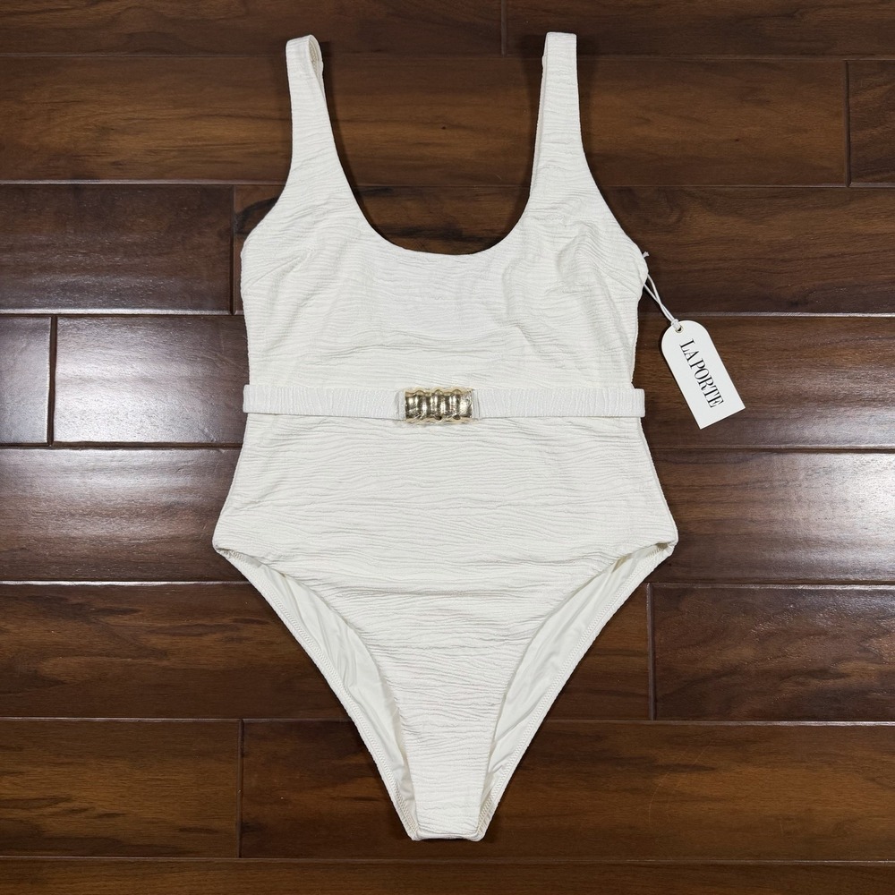 La Porte Women's Size Large White Cloud Belted Mandy One Piece Swimsuit